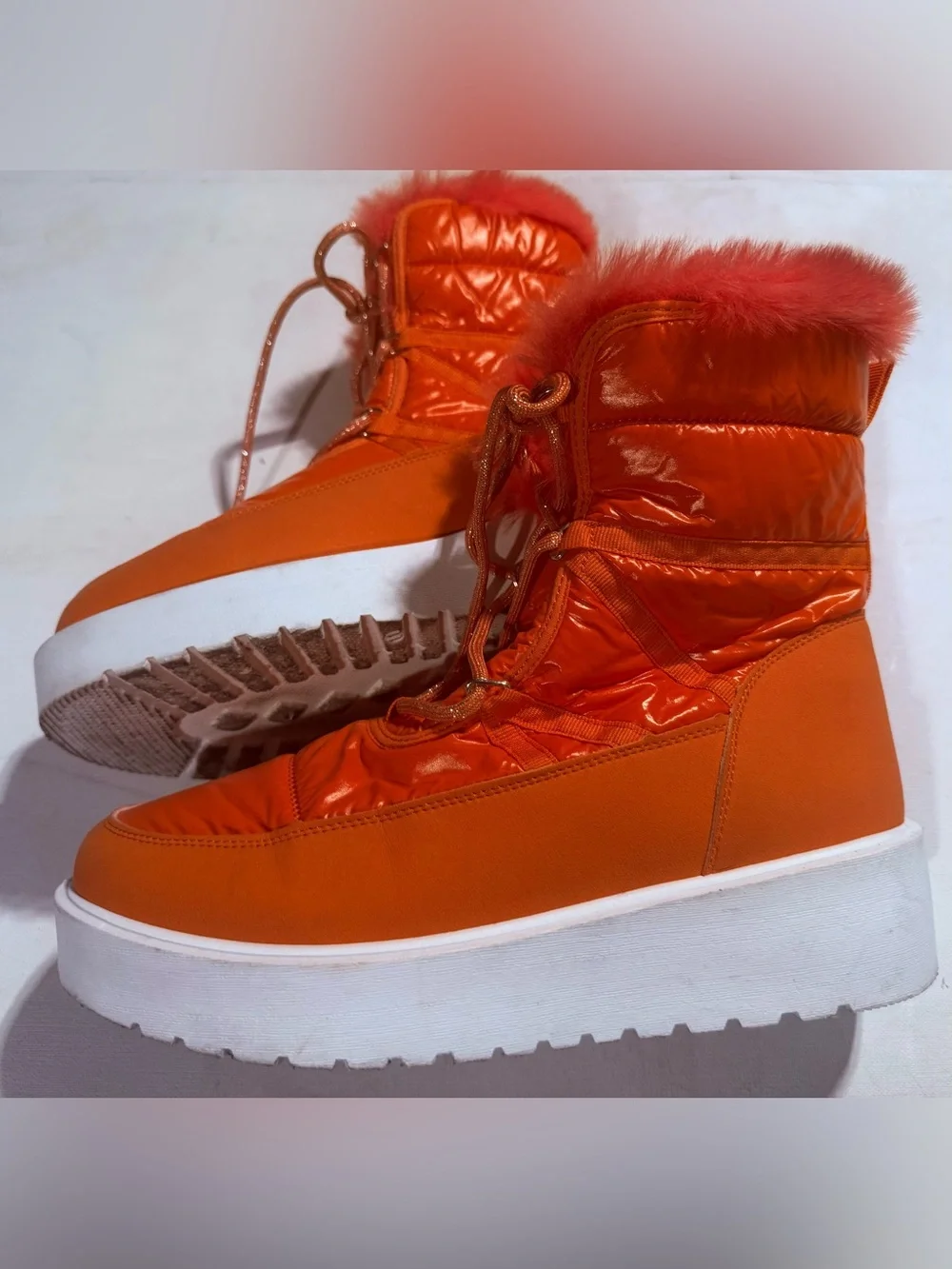 Wild Diva Lounge Orange Quilted Faux-Fur Platform Winter Boots